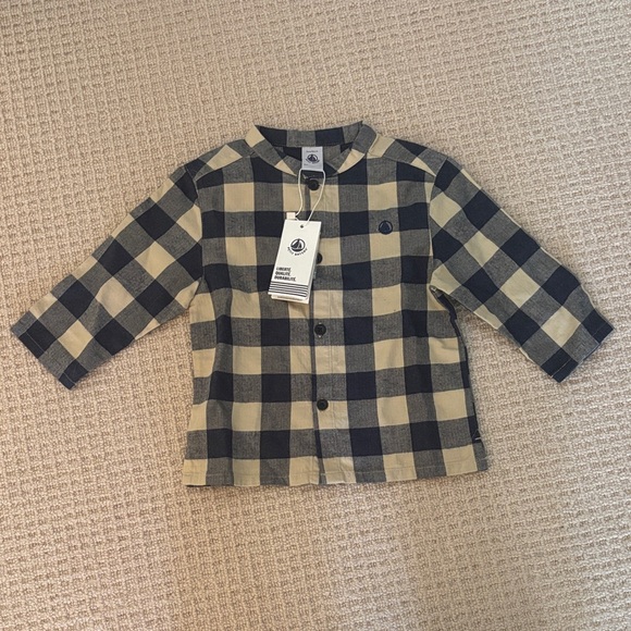 Petit Bateau Checkered Kids Shirt in Navy and Tan - Picture 1 of 3